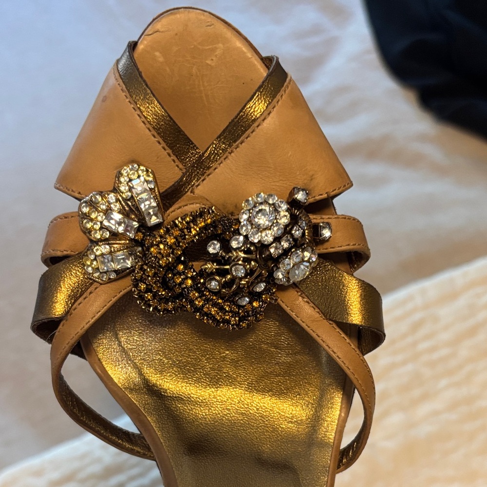 Sergio Rossi Beige and Gold Embellished Heels